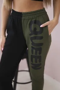Kesi Dámske tepláky s nápisom QUEEN khaki