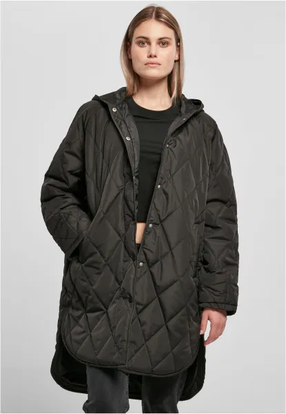 Dámsky oversized diamantový prešívaný kabát s kapucňou čierny