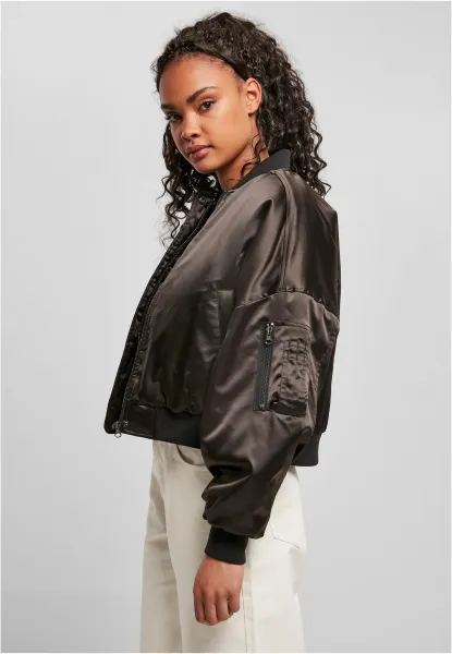 Women's Short Oversized Satin Bomber Jacket Black