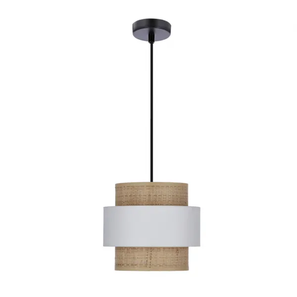 Závesná lampa z ratanu s tienidlom E27, biela+krémová