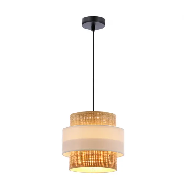 Závesná lampa z ratanu s tienidlom E27, biela+krémová