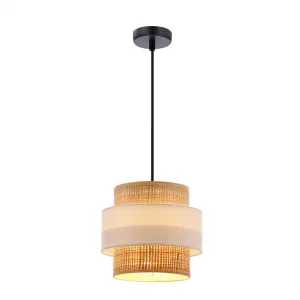 Závesná lampa z ratanu s tienidlom E27, biela+krémová