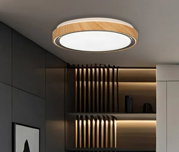 Stropná lampa Aflo drevená + čierna 24W LED 3000/4000/6000K 38cm biele tienidlo