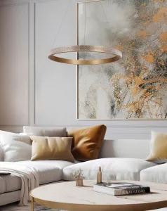 ZÁVESNÁ LAMPA HASHIM 40CM MATNÁ TMAVO ZLATÁ 22W LED KRYŠTÁLY ČÍRE