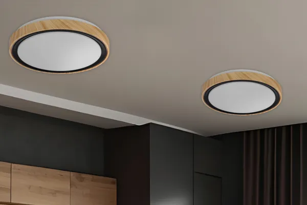 Stropná lampa Aflo drevená + čierna 24W LED 3000/4000/6000K 38cm biele tienidlo