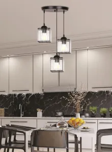 Závesná lampa Glassia, čierna, 3x40, E27, čierne tienidlo + číre kryštály