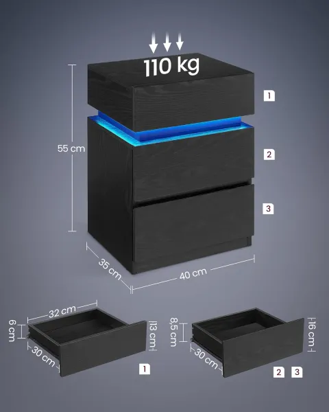 SONGMICS Nočný stolík Vasagle s LED osvetlením Defro čierny