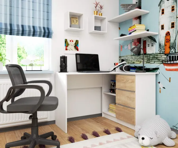 Ak furniture Rohový písací stôl B16 124 cm biely/dub sonoma pravý