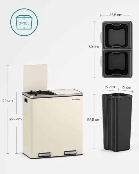 SONGMICS Odpadkový kôš s vekom JORDAN 2x30 l krémový