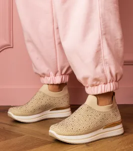 marka niezdefiniowana Beige women's platform sneakers with rhinestones Luizet