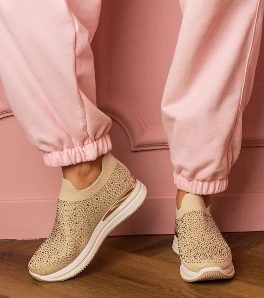 marka niezdefiniowana Beige women's platform sneakers with rhinestones Luizet