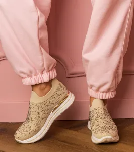 marka niezdefiniowana Beige women's platform sneakers with rhinestones Luizet