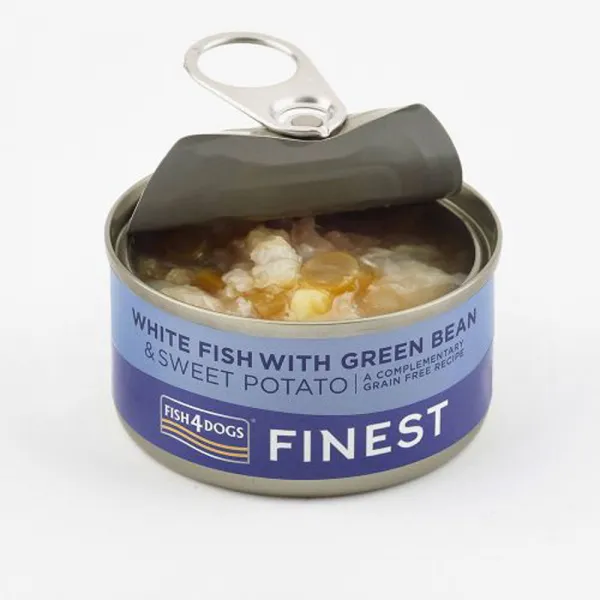 FISH4DOGS Konzerva pre psov Finest s bielou rybou, sladkými zemiakmi a zelenými fazuľkami 85g