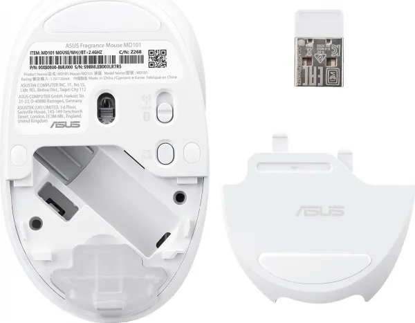 ASUS Fragrance Mouse MD101/Ergonomická/Optická/2 400 DPI/USB+BT/Bílá