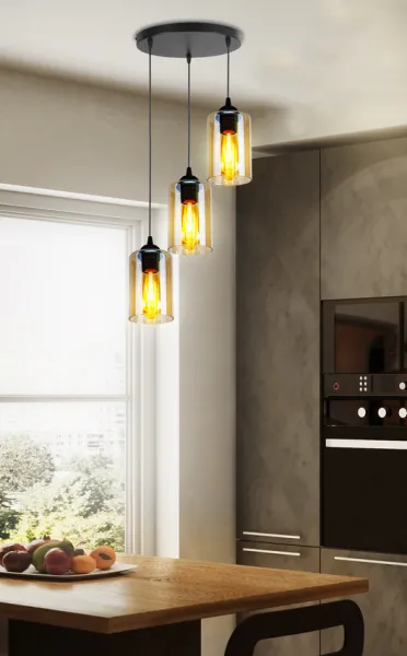 Závesná lampa 3xE27 35cm čierna/hnedá Bistro