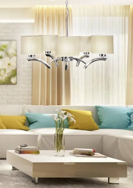 Závesná lampa chróm + krémové tienidlo 5x60W luster Draga