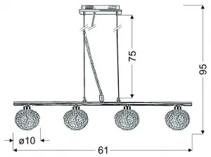 Závesná lampa chrómová sklenená guľa v opletení 4x40W Wind