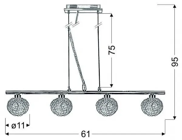 Závesná lampa s chrómovým tienidlom zo skla s opleteným 4x40W guľa