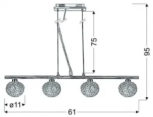 Závesná lampa s chrómovým tienidlom zo skla s opleteným 4x40W guľa
