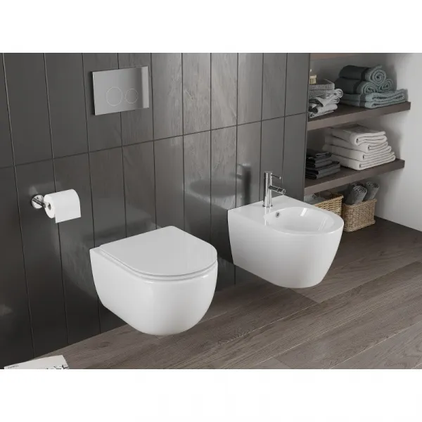 MEXEN/S - Carmen Závesná WC misa Rimless Tornado vrátane sedátka s slow slim, duroplast, biela lesk 30880300T