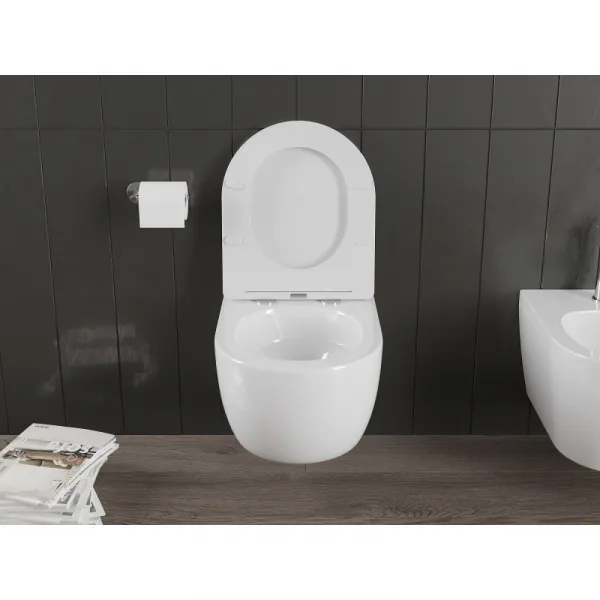 MEXEN/S - Carmen Závesná WC misa Rimless Tornado vrátane sedátka s slow slim, duroplast, biela lesk 30880300T