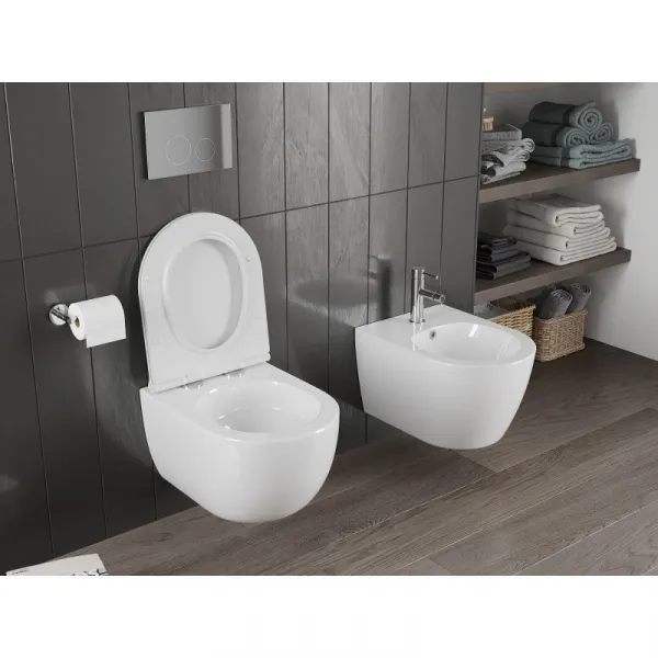 MEXEN/S - Carmen Závesná WC misa Rimless Tornado vrátane sedátka s slow slim, duroplast, biela lesk 30880500T