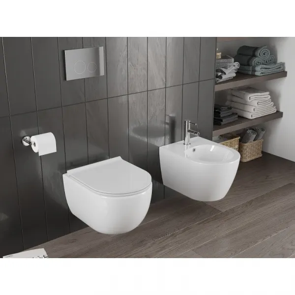 MEXEN/S - Carmen Závesná WC misa Rimless Tornado vrátane sedátka s slow slim, duroplast, biela lesk 30880500T
