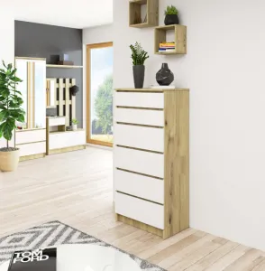 Ak furniture Komoda Kuba 60 cm - 6 zásuviek dub artisan/biela