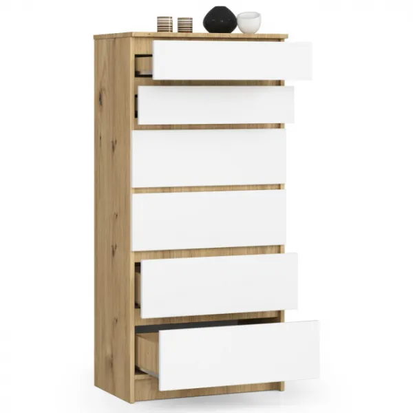 Ak furniture Komoda Kuba 60 cm - 6 zásuviek dub artisan/biela