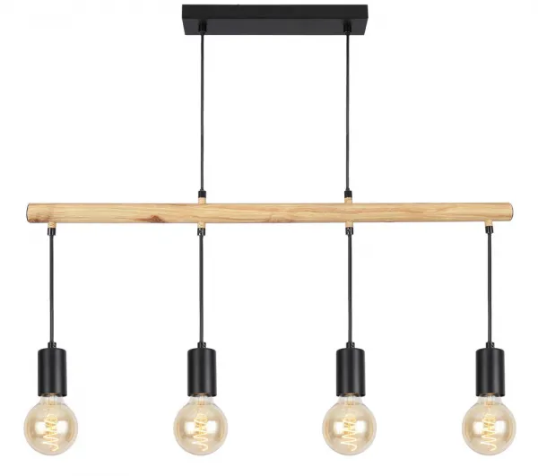 Závesná lampa čierna + drevo 4x60W Izzy