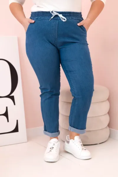 Kesi Włoski Dámske bavlnené nohavice Plus Size s elastickým pásom a šnúrkou džínsovina