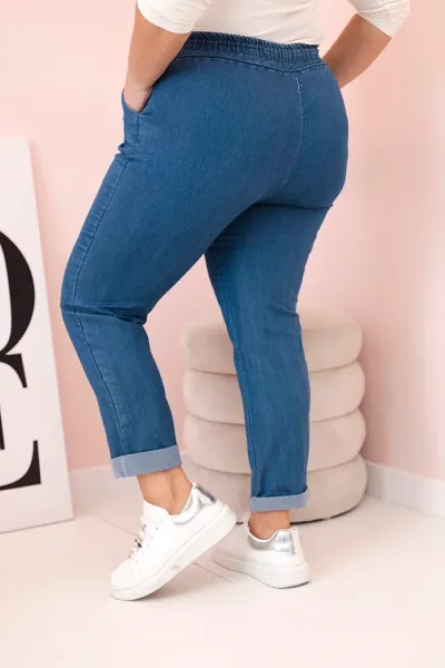 Kesi Włoski Dámske bavlnené nohavice Plus Size s elastickým pásom a šnúrkou džínsovina