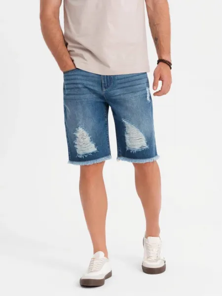 Trendy rifľové kraťasy s odreninami- modré- muži