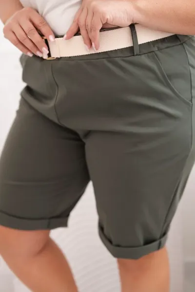 Legínovo Dámske bavlnené kraťasy Plus Size s opaskom hnedé Farba: Khaki, Veľkosť: XL