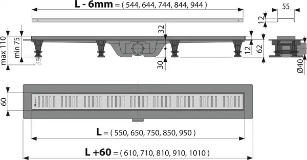 Alcadrain Podlahový žľab s okrajom pre perforovaný rošt APZ10-950M APZ10-950M