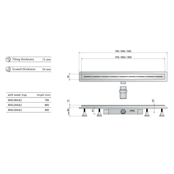 Omp Tea - RENOVA ECO LINE podlahový žľab s roštom z nerezové oceli, L-940, DN40 4943.304.8C