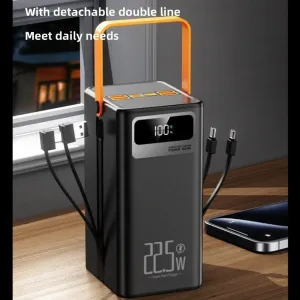 Powerbanka 60 000 mAh, 22,5W PD, 4 USB + 2 káble, LED svetlá, čierna