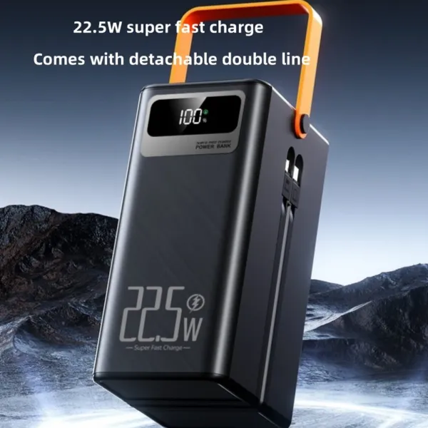 Powerbanka 60 000 mAh, 22,5W PD, 4 USB + 2 káble, LED svetlá, čierna