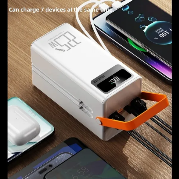 Powerbanka 60 000 mAh, 22,5W PD, 4 USB + 2 káble, LED svetlá, čierna
