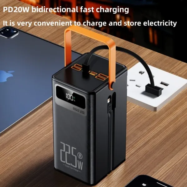 Powerbanka 60 000 mAh, 22,5W PD, 4 USB + 2 káble, LED svetlá, čierna