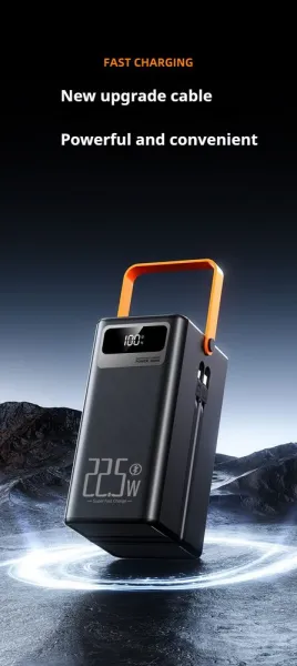 Powerbanka 60 000 mAh, 22,5W PD, 4 USB + 2 káble, LED svetlá, čierna