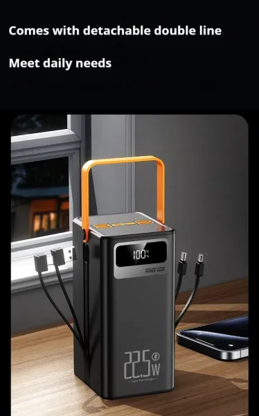 Powerbanka 60 000 mAh, 22,5W PD, 4 USB + 2 káble, LED svetlá, čierna