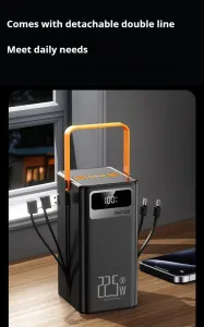 Powerbanka 60 000 mAh, 22,5W PD, 4 USB + 2 káble, LED svetlá, čierna