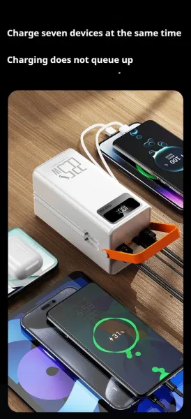Powerbanka 60 000 mAh, 22,5W PD, 4 USB + 2 káble, LED svetlá, čierna