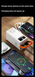 Powerbanka 60 000 mAh, 22,5W PD, 4 USB + 2 káble, LED svetlá, čierna