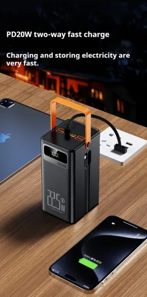 Powerbanka 60 000 mAh, 22,5W PD, 4 USB + 2 káble, LED svetlá, čierna
