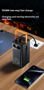 Powerbanka 60 000 mAh, 22,5W PD, 4 USB + 2 káble, LED svetlá, čierna
