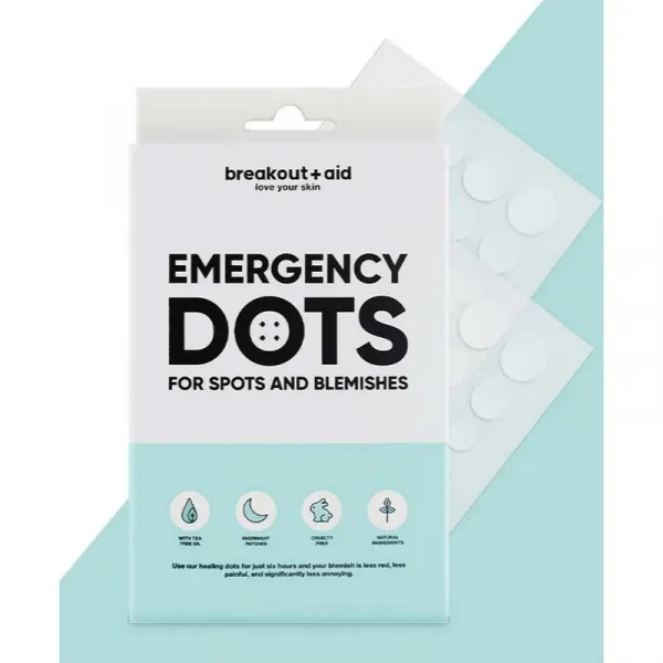 breakout + aid Emergency Dots For Spots and Blemishes lokálna starostlivosť proti akné na tvár, dekolt a chrbát s čajovníkovým olejom 72 ks
