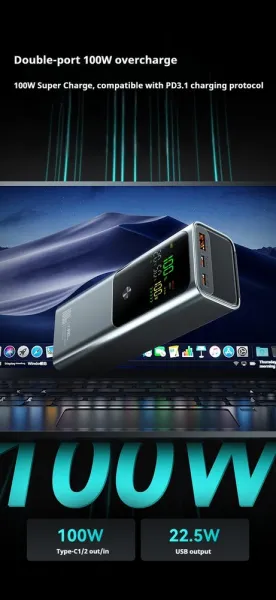 Kompaktná powerbanka na rýchle nabíjanie notebookov, 100W, 20 000 mAh, čierna