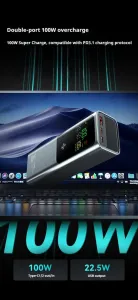 Kompaktná powerbanka na rýchle nabíjanie notebookov, 100W, 20 000 mAh, čierna